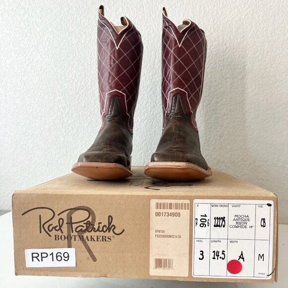 Rod Patrick Mens Cowboy Boots 14.5A Brown Mocha Bison Leather Square Toe Western - Picture 11 of 12